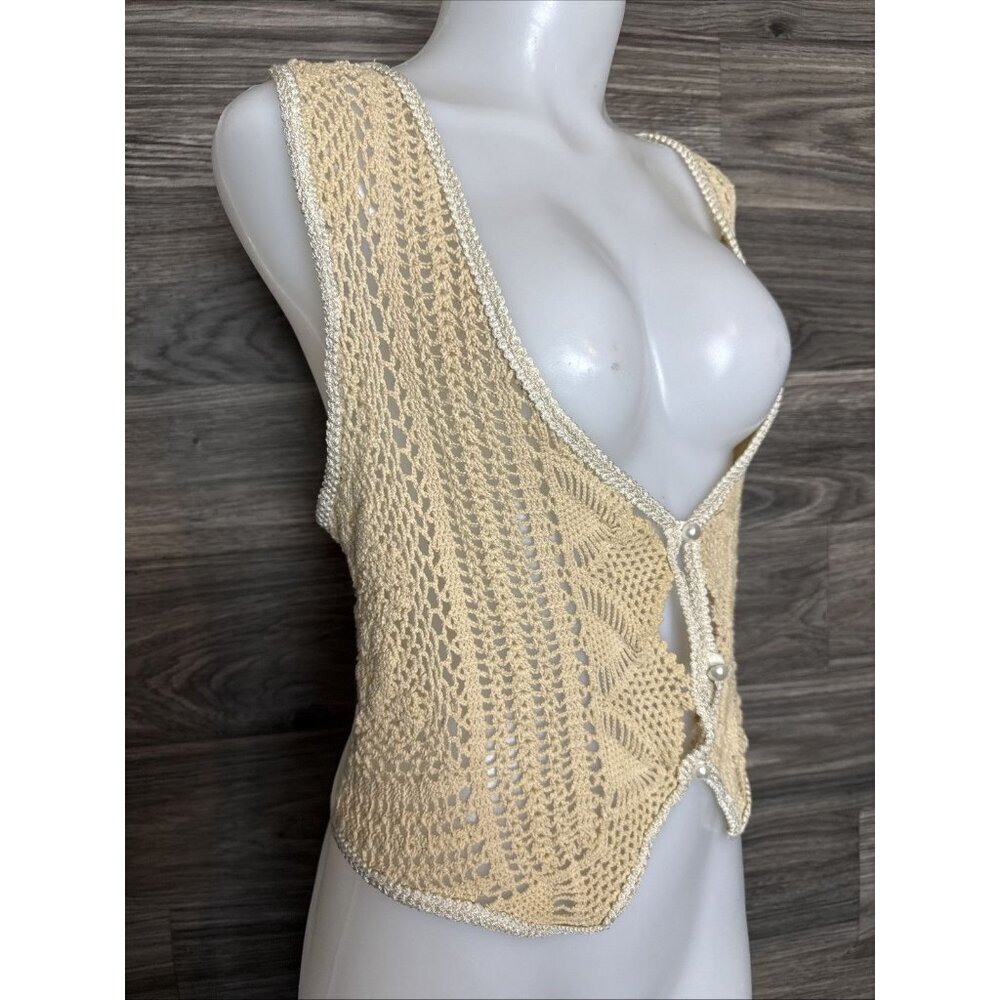 Vtg Crocheted Lace Vest In Cream Beige Boho Festival Wear - Picture 2 of 4